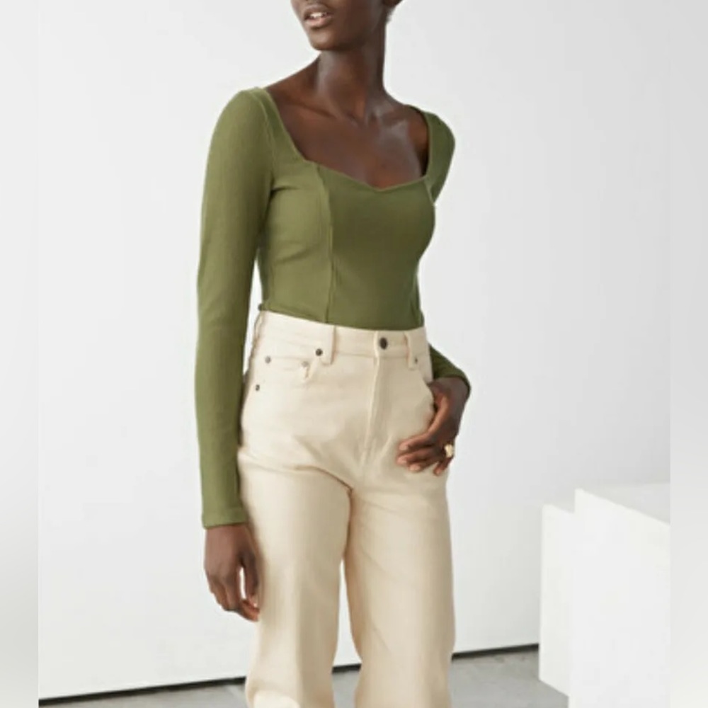 & Other Stories Khaki Green Sweetheart Neck Bodysuit